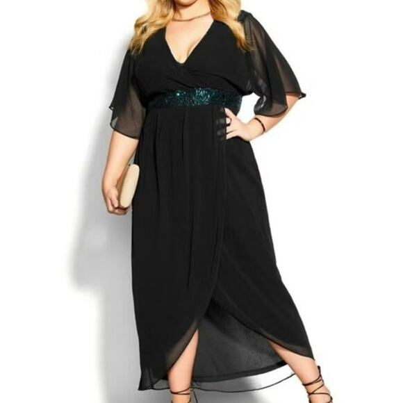 Plus Size 3X 22 - 24 BloomChic Mock Wrap Dress Green Sequin Detail with Pockets - Picture 1 of 5